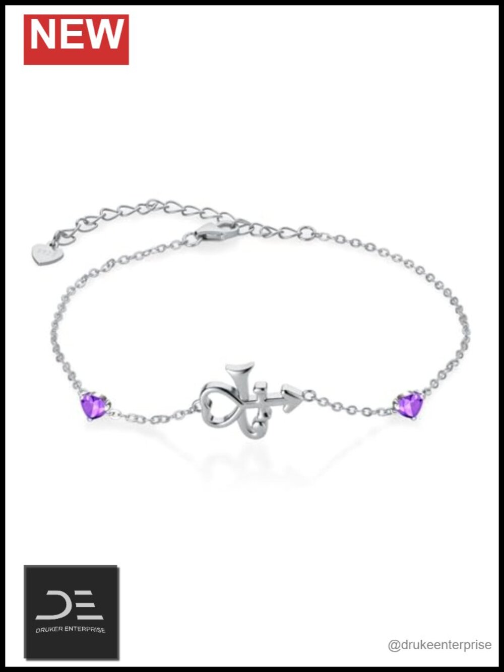 Sterling Silver Prince Symbol Bracelet Adjustable Lobster Claw Clasp Women's